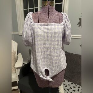 Loft Gingham Top Small Light Purple Plaid Tie-front puff sleeve Picnic Summer